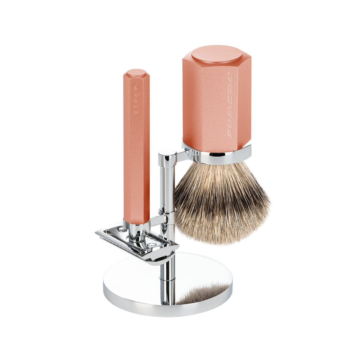 Rasier-Set Hexagon Sunrise mit Silvertip Dachshaar-Rasierpinsel